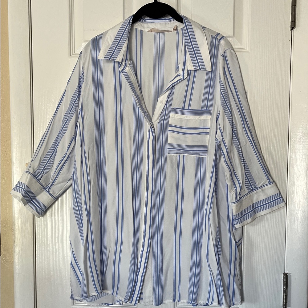 Soft surroundings Ladson blue white stripe popover tunic blouse button up  PL